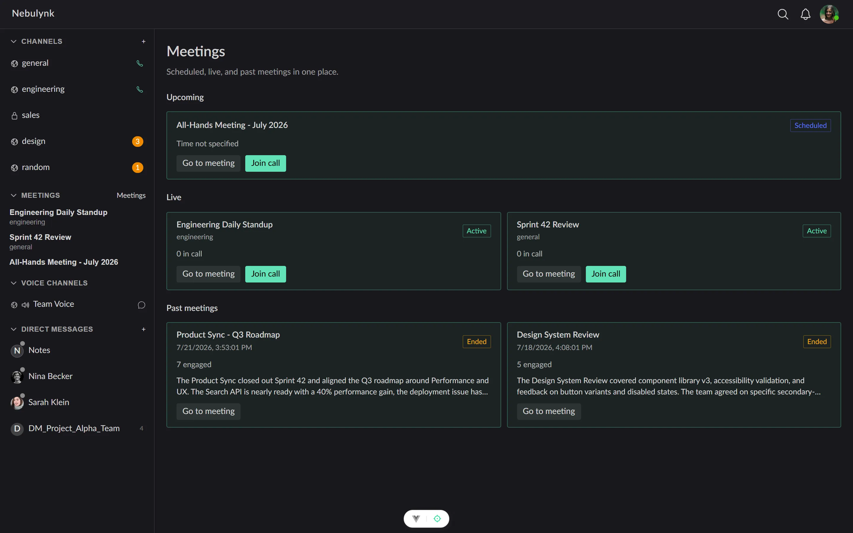 Nebulynk meeting overview with upcoming, live and past meetings.