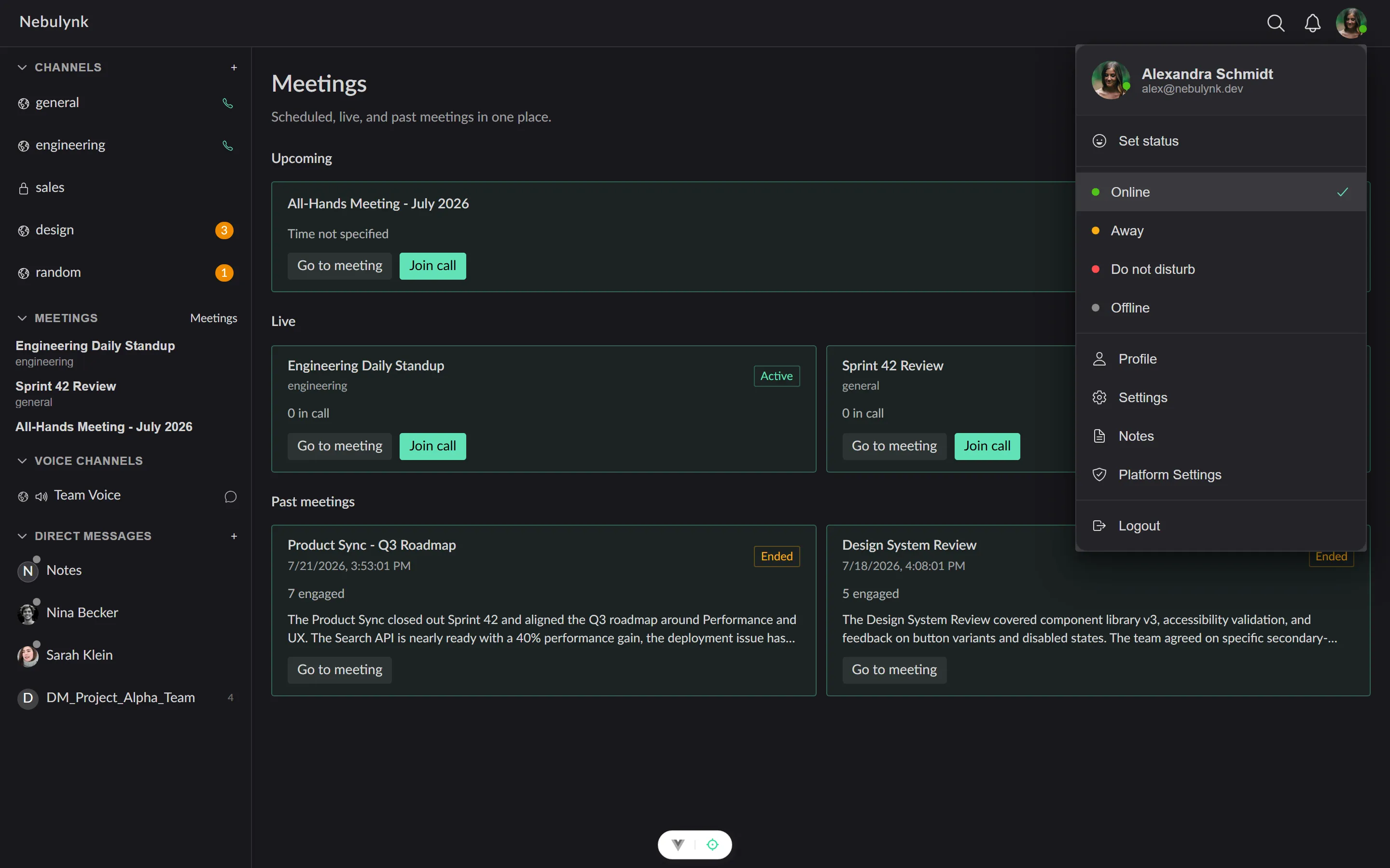 Nebulynk sidebar showing an active voice channel and its participants.