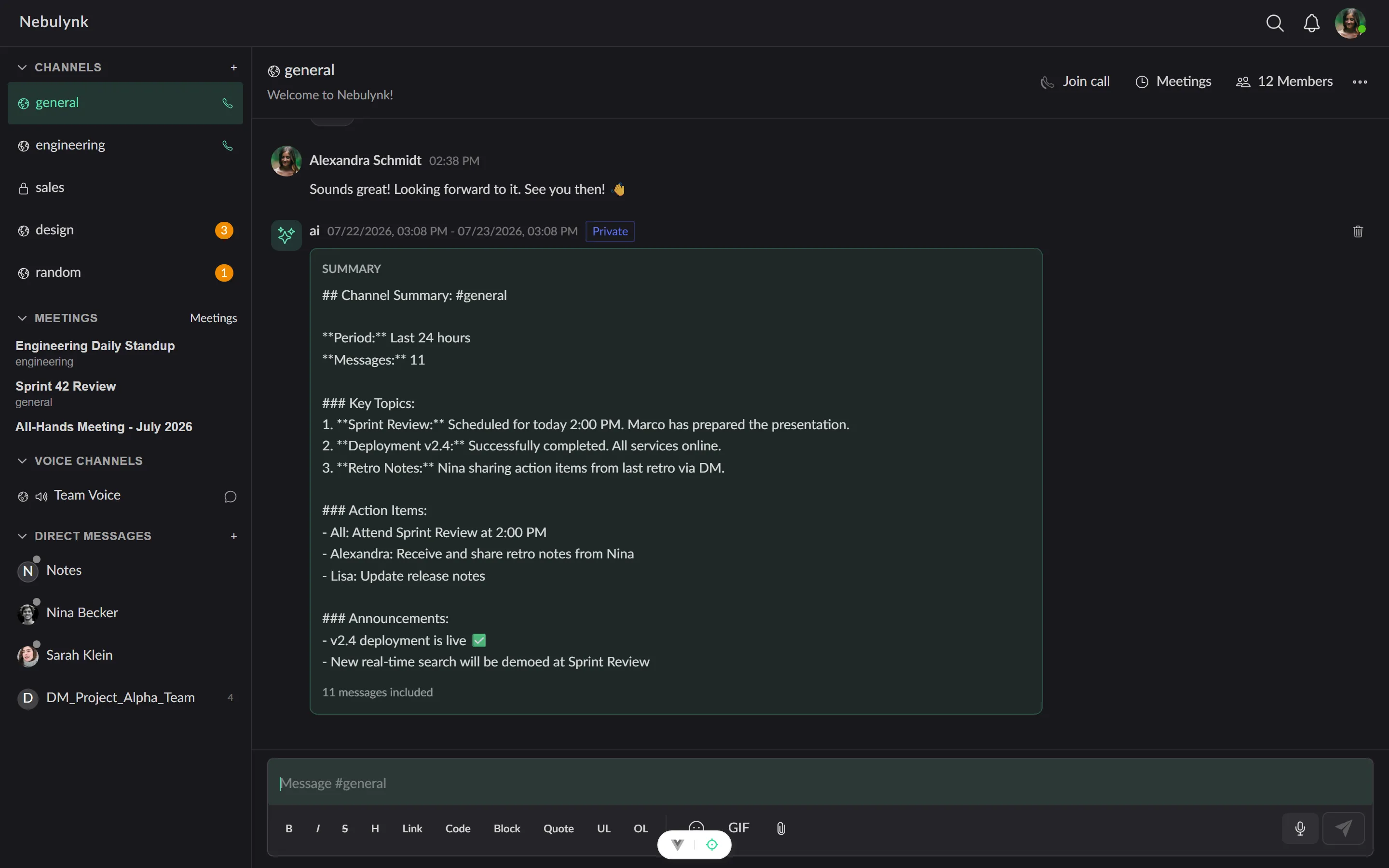 Nebulynk workspace with channels, meetings and an AI channel summary.