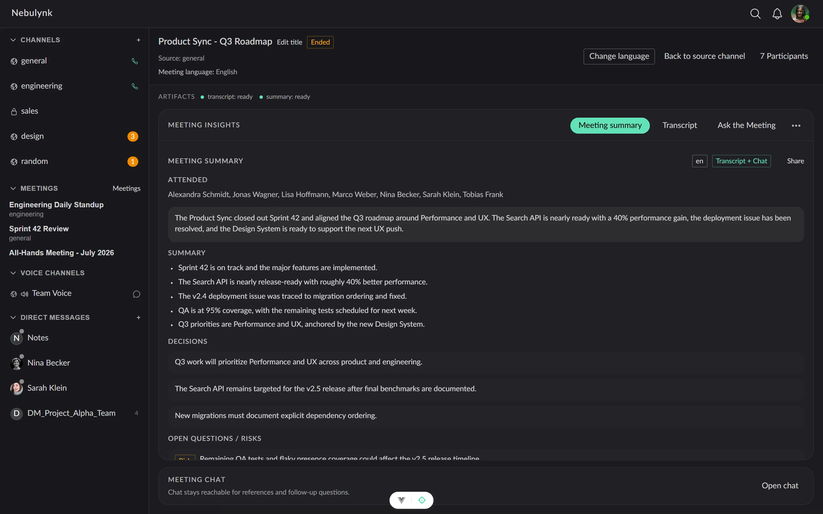 Completed Nebulynk meeting with AI summary, decisions and open items.
