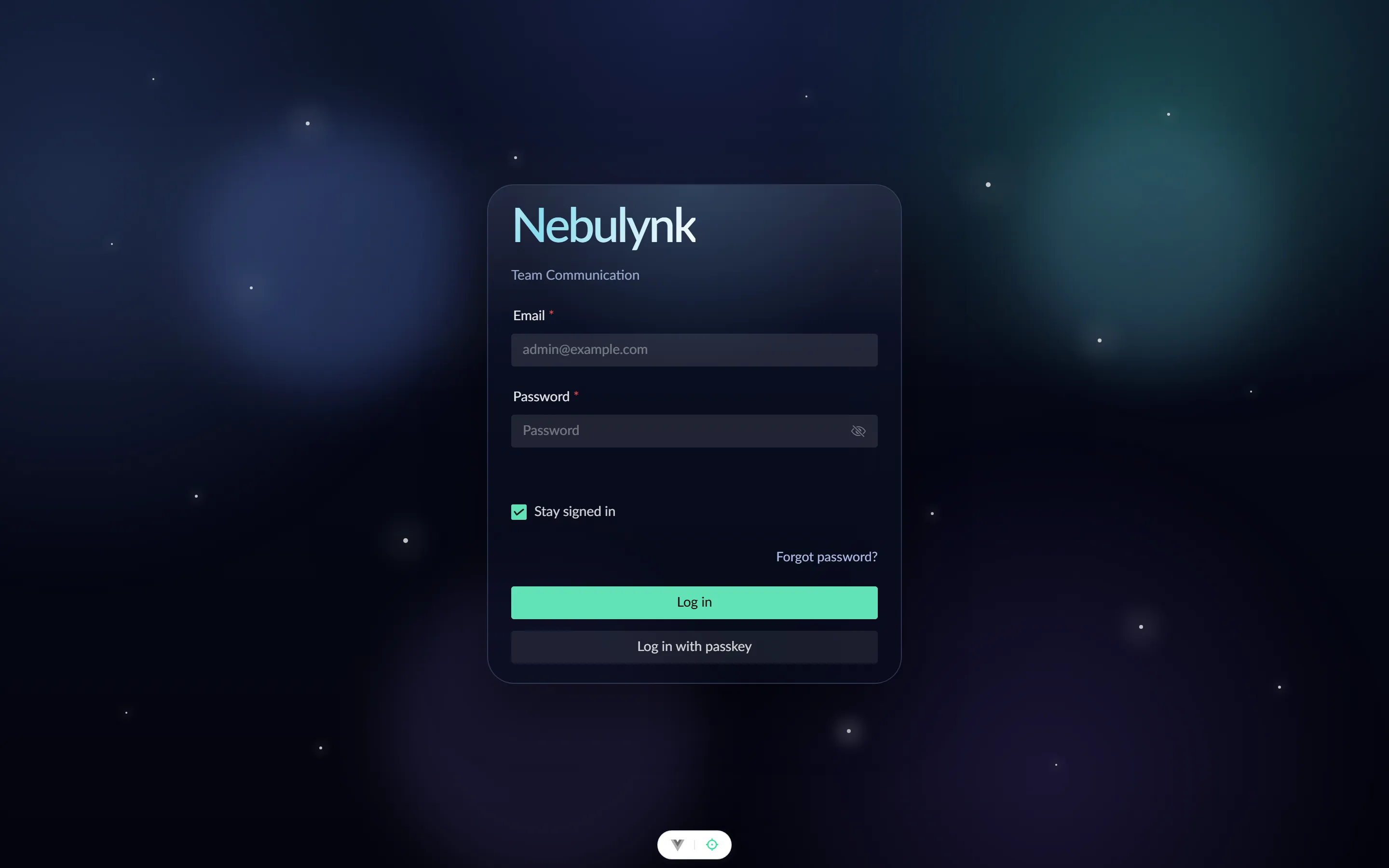 Nebulynk sign-in screen with email, password and passkey authentication.